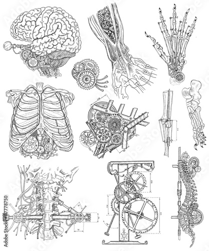 Black and white set with body parts, mechanical parts and devices