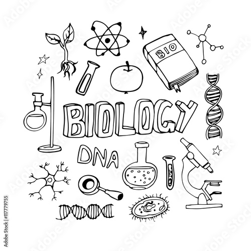 Science icons doodles vector set. School biology lesson objects.