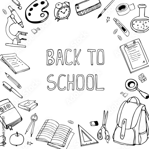 Back to school vector illustration. Hand drawn school equipment frame.