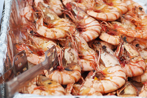grilled big shrimps on barbecue grill for dining