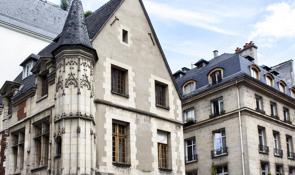 View of buildings in Le Marais district in Paris
