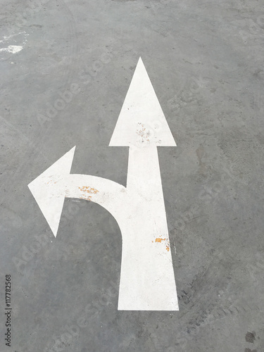 White painted arrow on the road pointing in two directions.