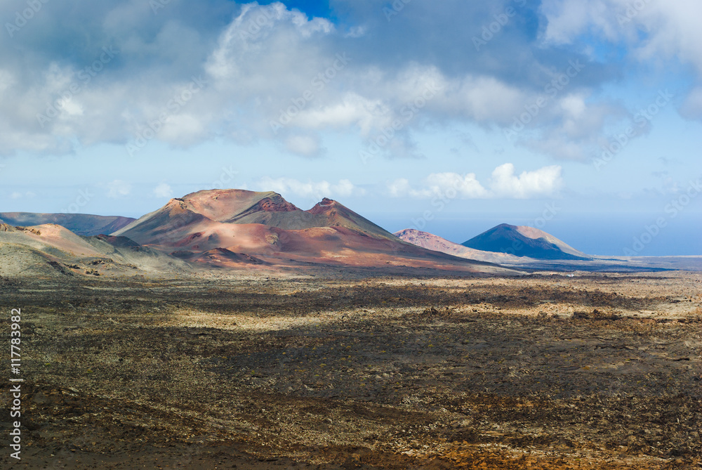 Volcanic landscapes on Timanfaya. Lanzarote. Canary Islands. Spain