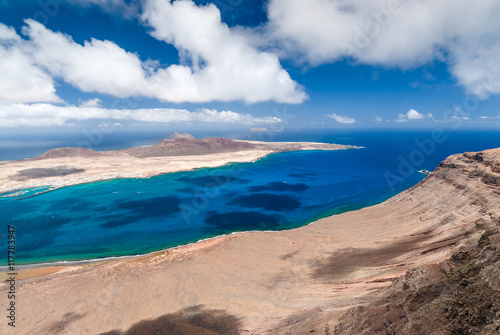 Aerial view of the part of Graciosa Island from Mirador del Rio. Lanzarote. Canary Islands. Spain