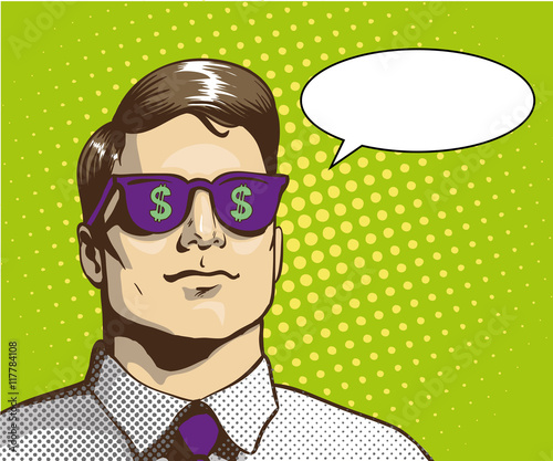 Man with sunglasses dollar sign. Vector illustration in retro pop art style. Business success concept