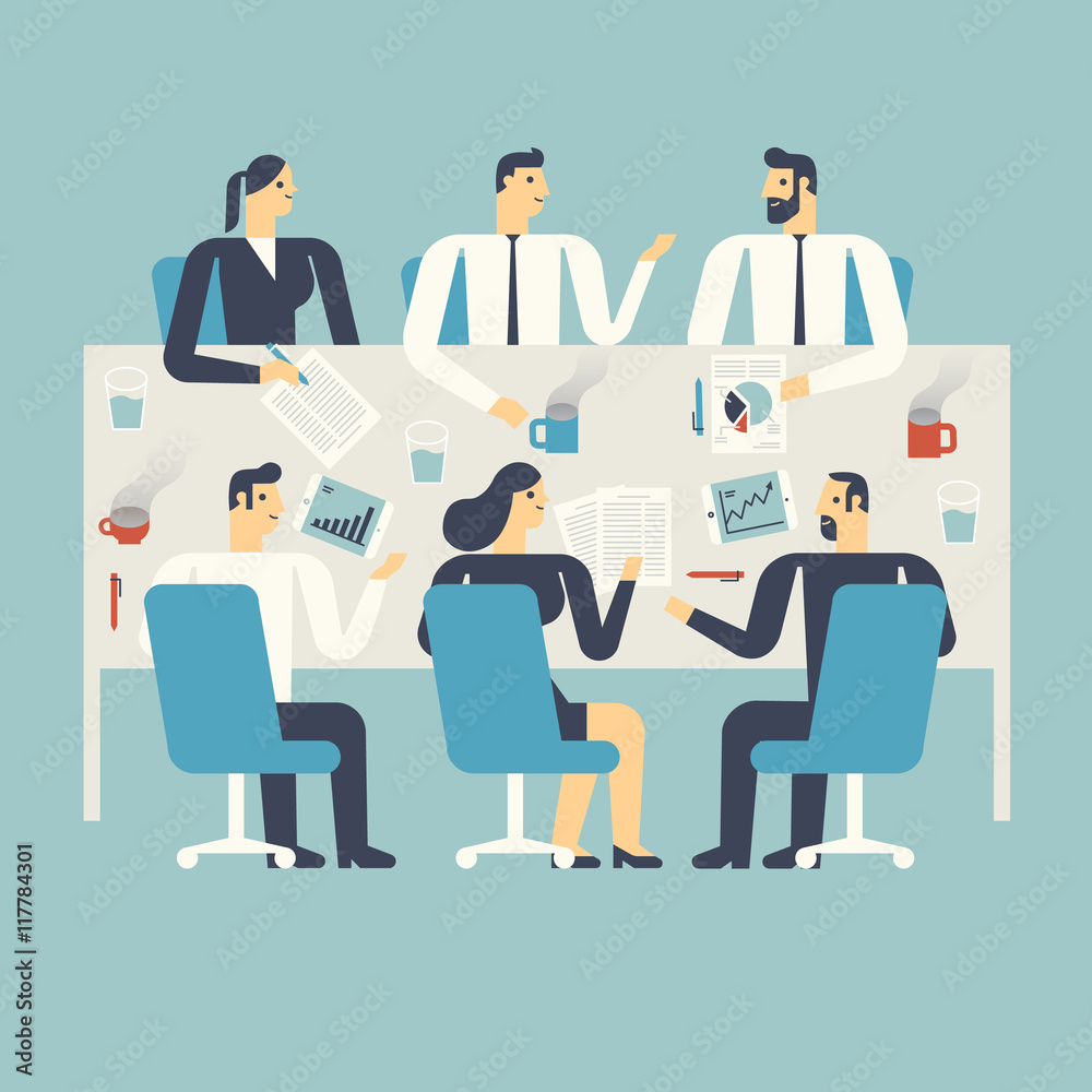 Flat design illustration business people working, meeting in an