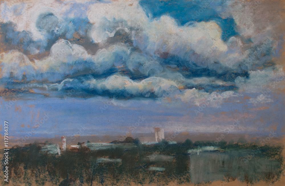 Storm painting. The unique pastel painting with landscape, town and blue sky and white cloud.