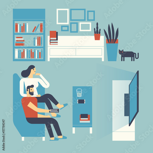 Flat design illustration people in a living room.