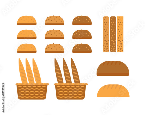 Bread, bakery products, color vector design elements. Tasty cutting bread products seed eating group. Breakfast organic bakery bread products food, wheat loaf rye food cooking dough.
