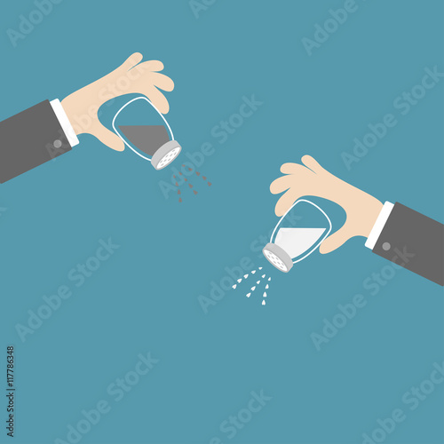 Hands with salt, pepper shaker. Glass container set. Heart crystal. Flat design. Blue background.