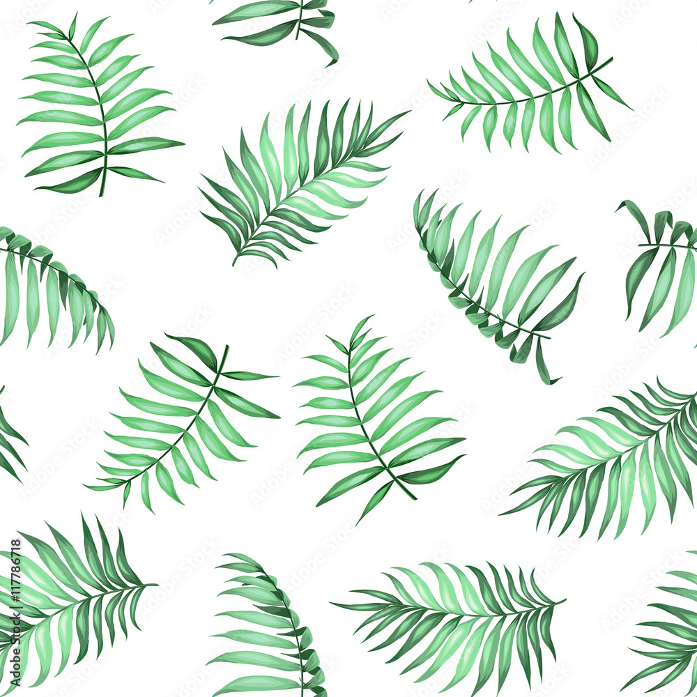 Topical palm leaves on seamless pattern for fabric texture. Vector illustration.