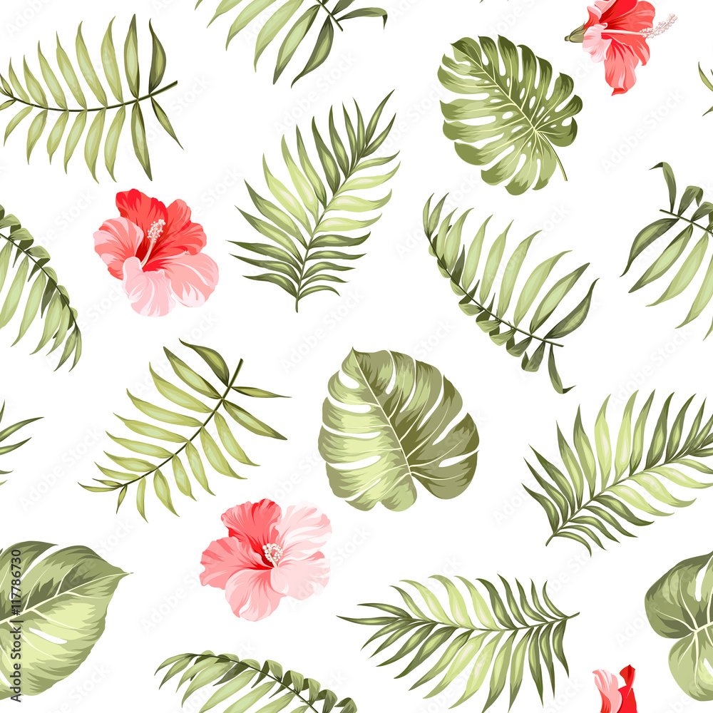 Fototapeta premium Topical palm leaves on seamless pattern for fabric texture. Vector illustration.