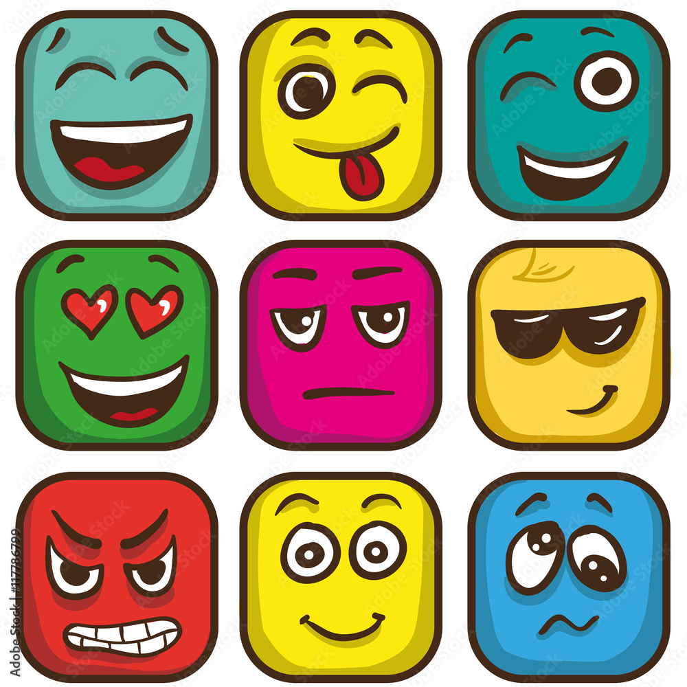 Set of colorful emoticons, square emoji flat.