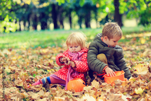 little boy and girl play with autumn leaves in nature