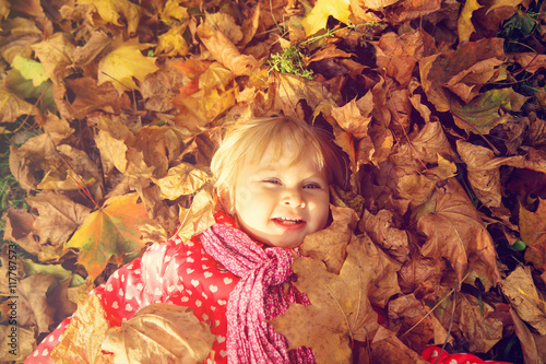 cute little girl playing with autumn fall leaves © nadezhda1906