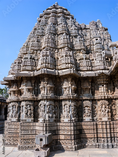 The outside of one of the shrines of Keshava at the 13th Century temple of Somanathapur, Karnataka, South India.