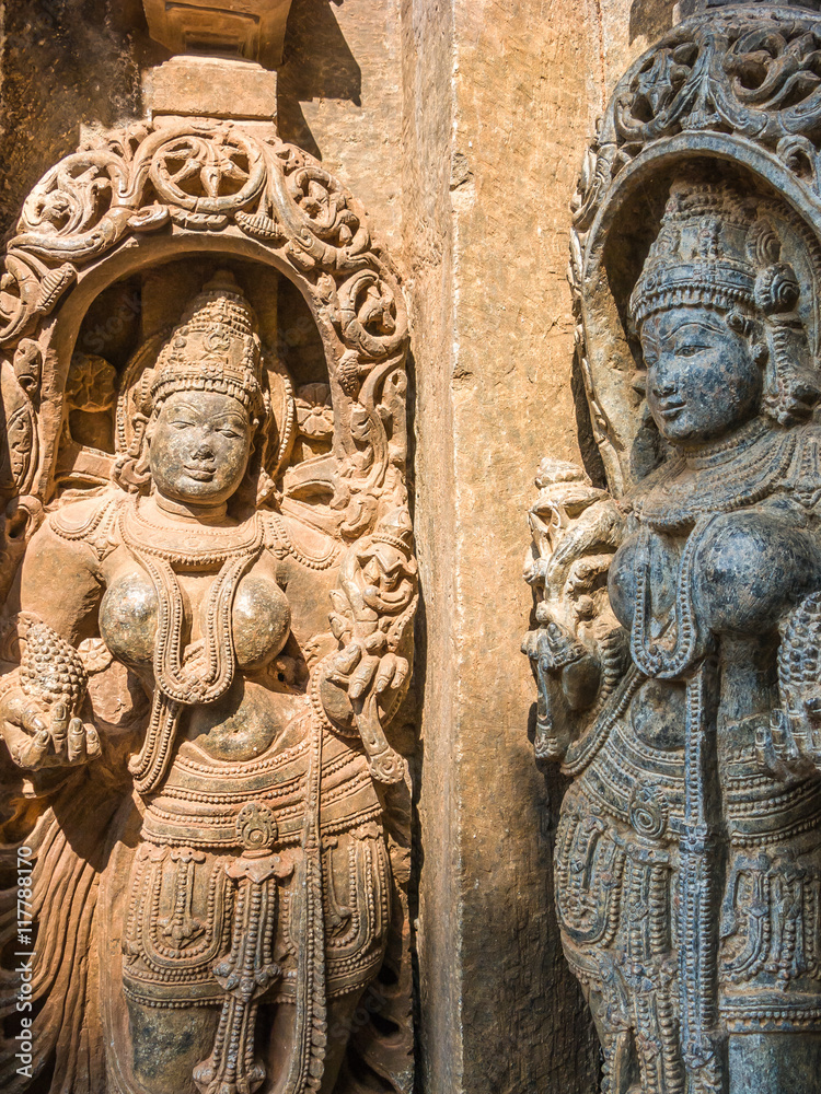 Carvings of goddesses at the 13th Century temple of Somanathapur, Karnataka, South India.