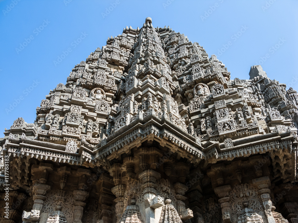 The outside of one of the shrines of Keshava at the 13th Century temple of Somanathapur, Karnataka, South India. The outside of one of the shrines of Keshava at the 13th Century temple of Somanathapur, Karnataka, South India.