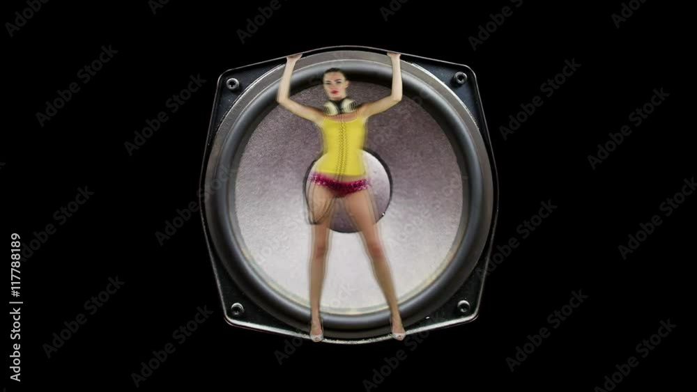 Sexy girl dancing inside a hifi speaker