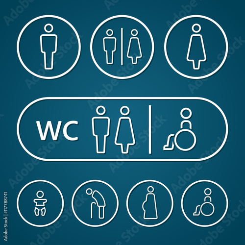 Restroom male female pregnant cripple oldster and baby sign outline stroke vector illustration