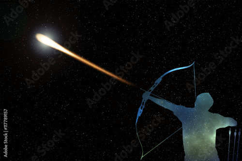 A digital illustration showing silhouette of an archer filled with colorful deep space clouds and stars firing a bright comet arrow to the blackness of space filled with sparkling stars