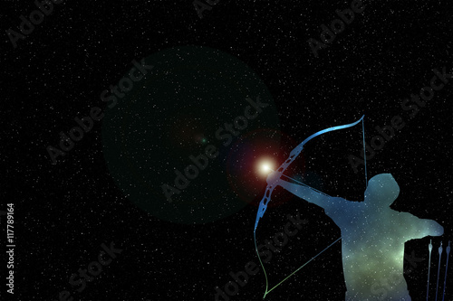 A digital illustration showing silhouette of an archer filled with colorful deep space clouds and stars firing a bright, luminous, magical arrow to the blackness of space filled with sparkling stars