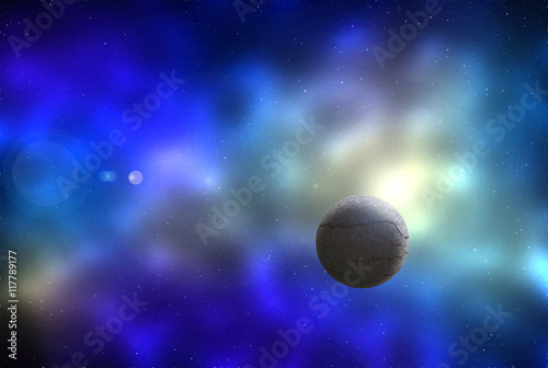 Fototapeta Naklejka Na Ścianę i Meble -  Digital illustration of an imaginary deep space scene with starry background, colorful gaseous nebula and a texture-rich planet and intentional lens flare effect 