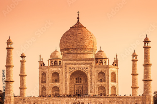 The Taj Mahal of India with a warm color tone.