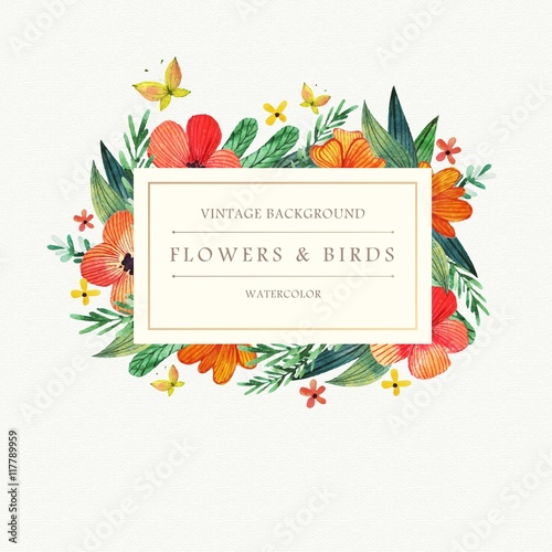 Canvas Print Watercolor flowers and birds background
