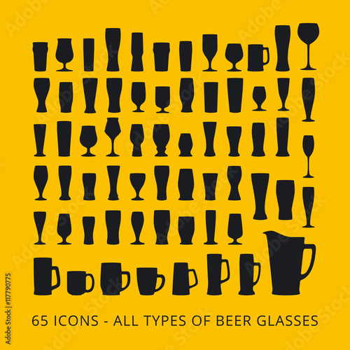 65 beer glass icons set. All types of beer glasses.