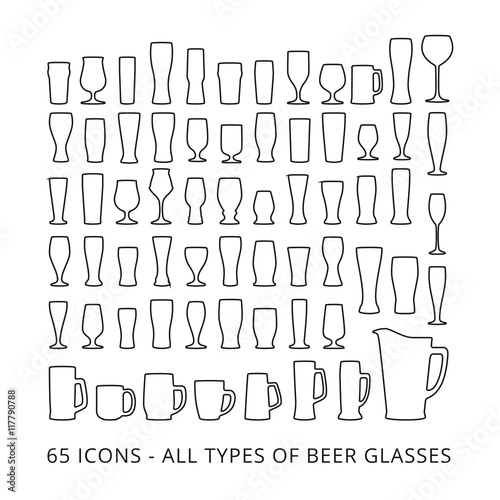 65 beer glass icons set. All types of beer glasses.
