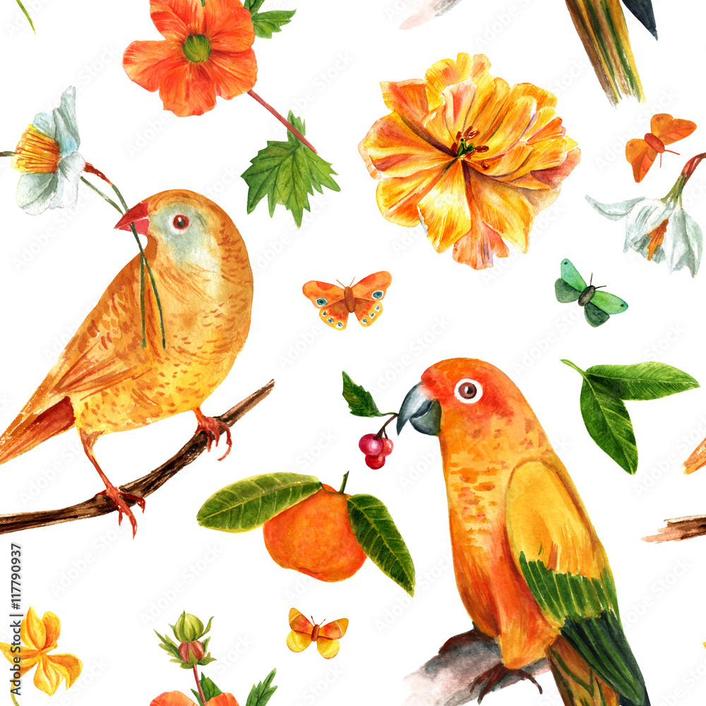 Seamless background pattern with yellow watercolor birds, butter
