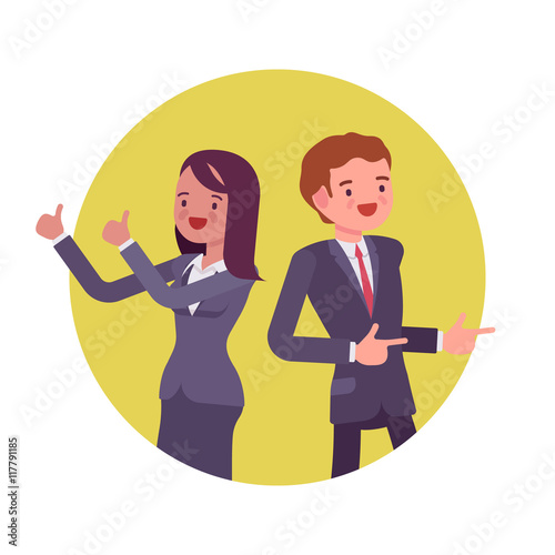 Office workers standing and smiling. Man and women in a formal wear. Cartoon vector flat-style business concept illustration