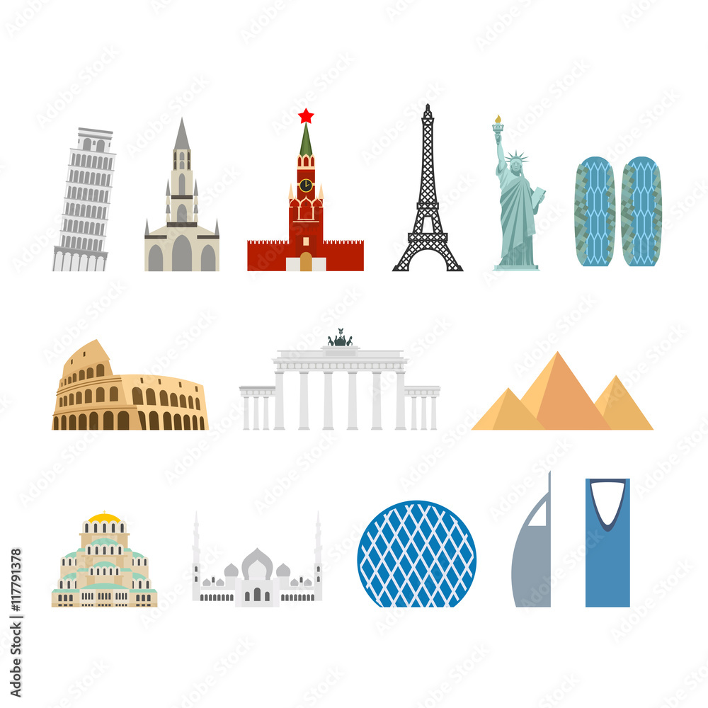 Landmark travel set. Architectural monuments. Known state of bui