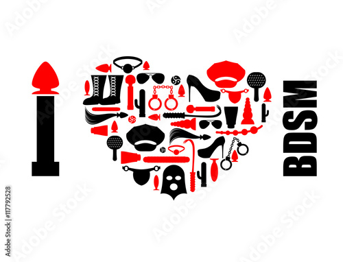 I love BDSM. Sex toys in form of heart. Emblem for fans of hard