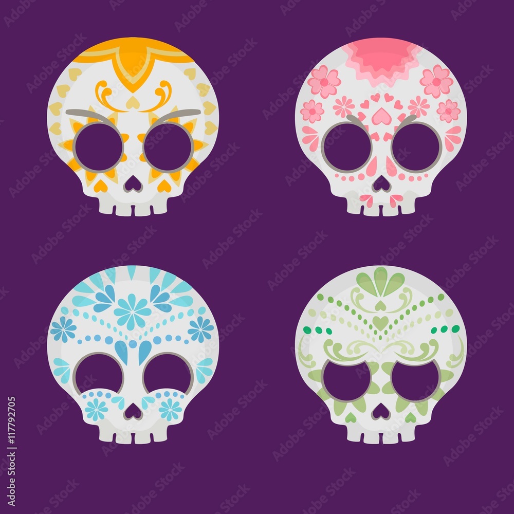 Variety of colored sugar skulls Variety of colored sugar skulls