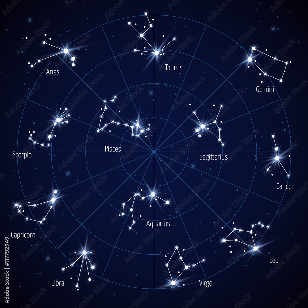 Fototapeta premium Vector sky star map with constellations stars