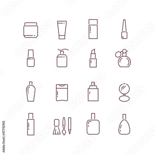 Cosmetic package bottles thin outline vector icons set