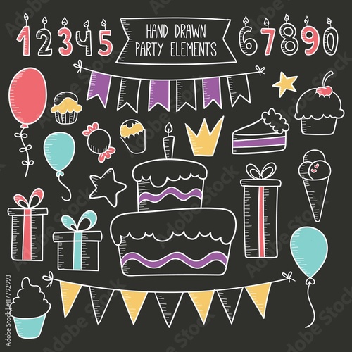 Hand drawn party elements on blackboard