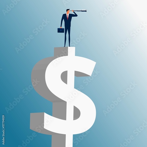 Businessman standing on money building and using telescope looking for success, opportunities, future business trends. Vision concept. Cartoon Vector Illustration.