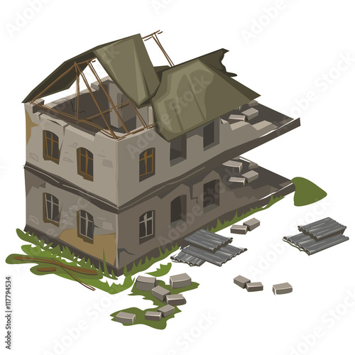 One two-storey destroyed building, vector isolated