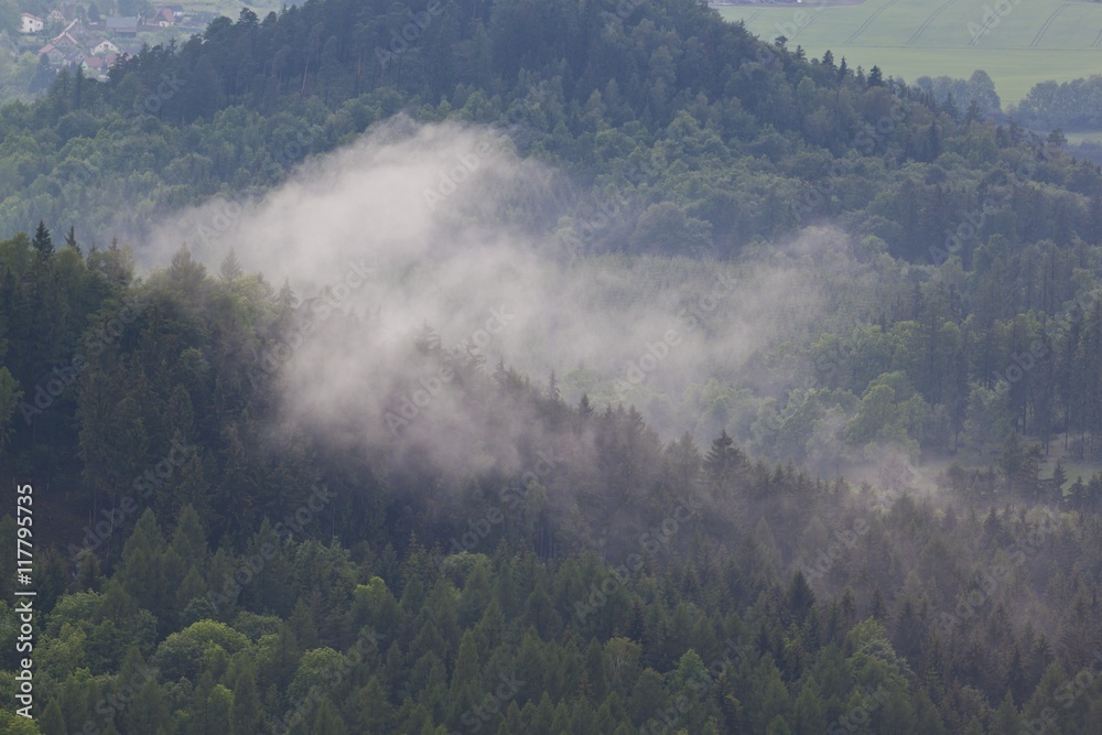 Summer aerial panorama of Kaczawskie, Rudawy Janowickie and Karkonosze Mountains in Poland