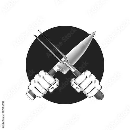 Barbeque or cooking vector illustration. Two hands with crossed knife and fork on a round background. 