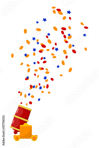 Bright red abstract color image gun with confetti on a white bac