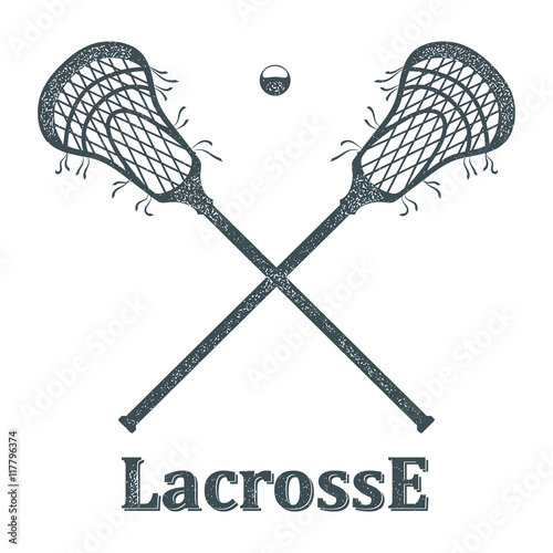 Crossed lacrosse stick and ball with grunge texture on white bac