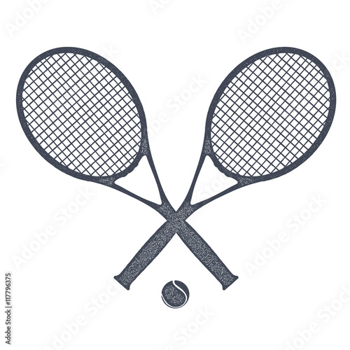 Two tennis rackets with a ball for tennis on a white background.