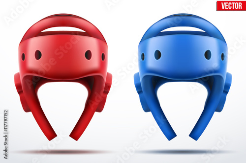 Set of Red and Blue Taekwondo helmets.