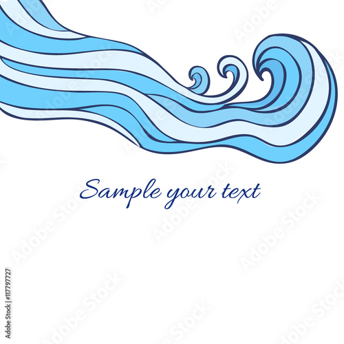 Abstract blue sea waves isolated on white background, Vector graphic illustration, decorative frame with space for text for design greeting cards, wedding invitations, travel postcard, printing