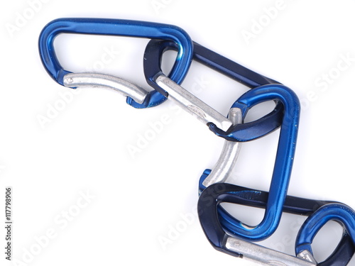 blue climbing carabiners on a white background