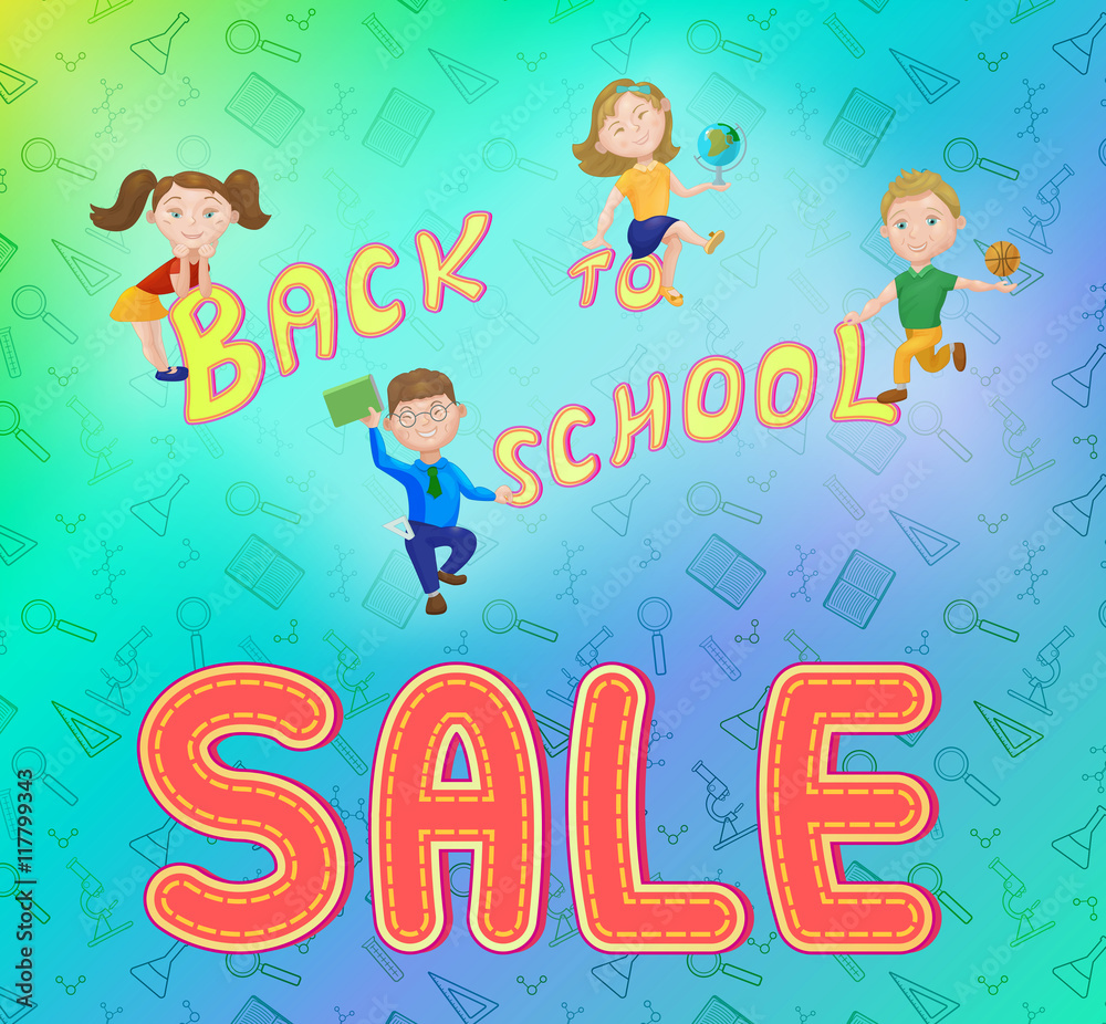 Cute kids playing on backpack. Back to school sale concept, bann Cute kids playing on backpack. Back to school sale concept, bann